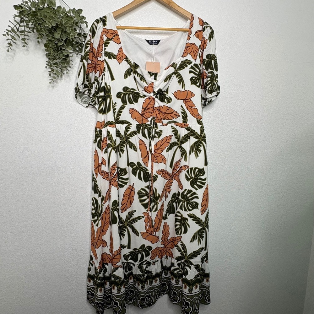 BloomChic Tropical Palm Leaf Midi Dress White Rust Green Plus Size 18-20 NEW - Picture 2 of 10